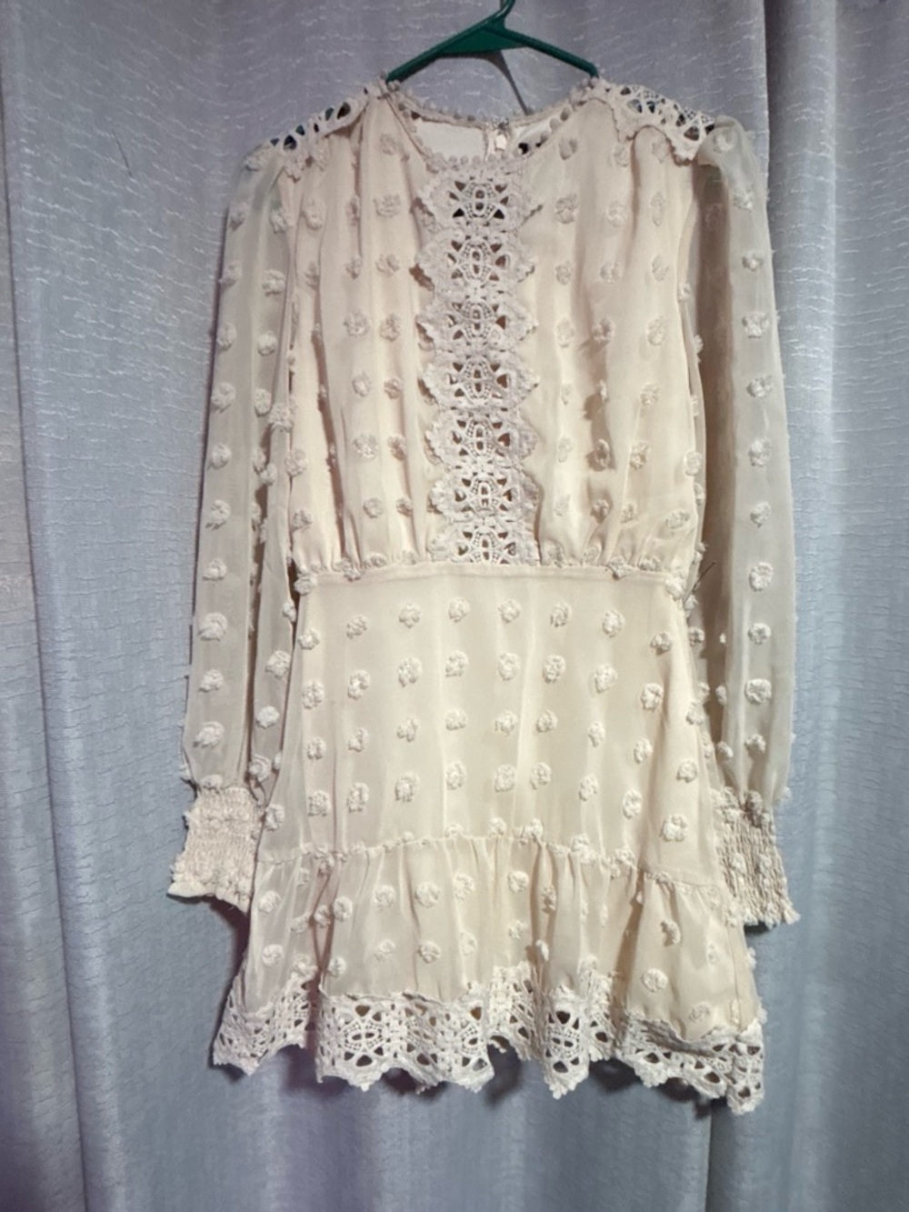 Lulu's Cream Swiss Dot Lace-Trim Long Sleeve Mini Dress